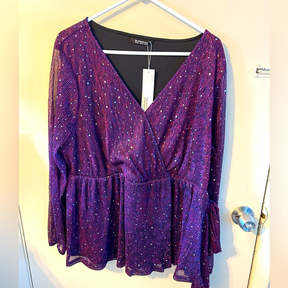 Bloomchic Sequin Mesh Lantern Sleeve Wrap Belted Striped Blouse